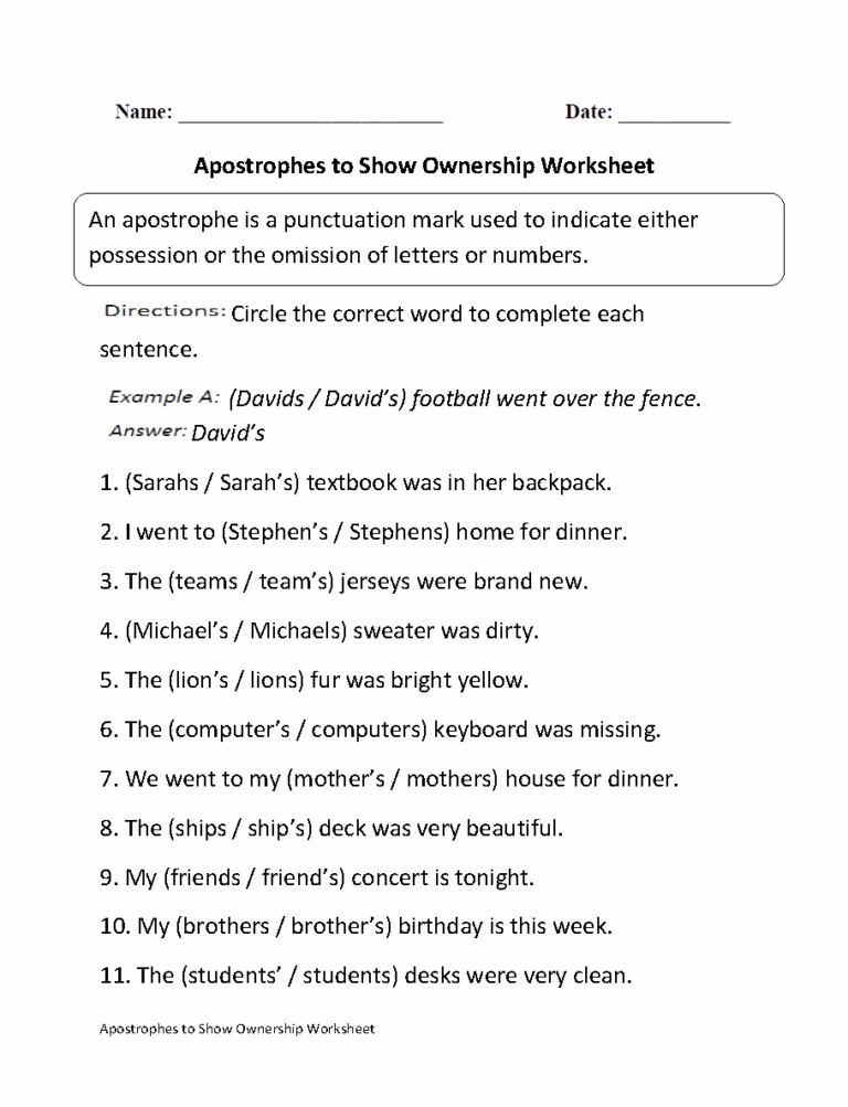 Apostrophes Worksheets Apostrophes To Show Ownership Worksheet