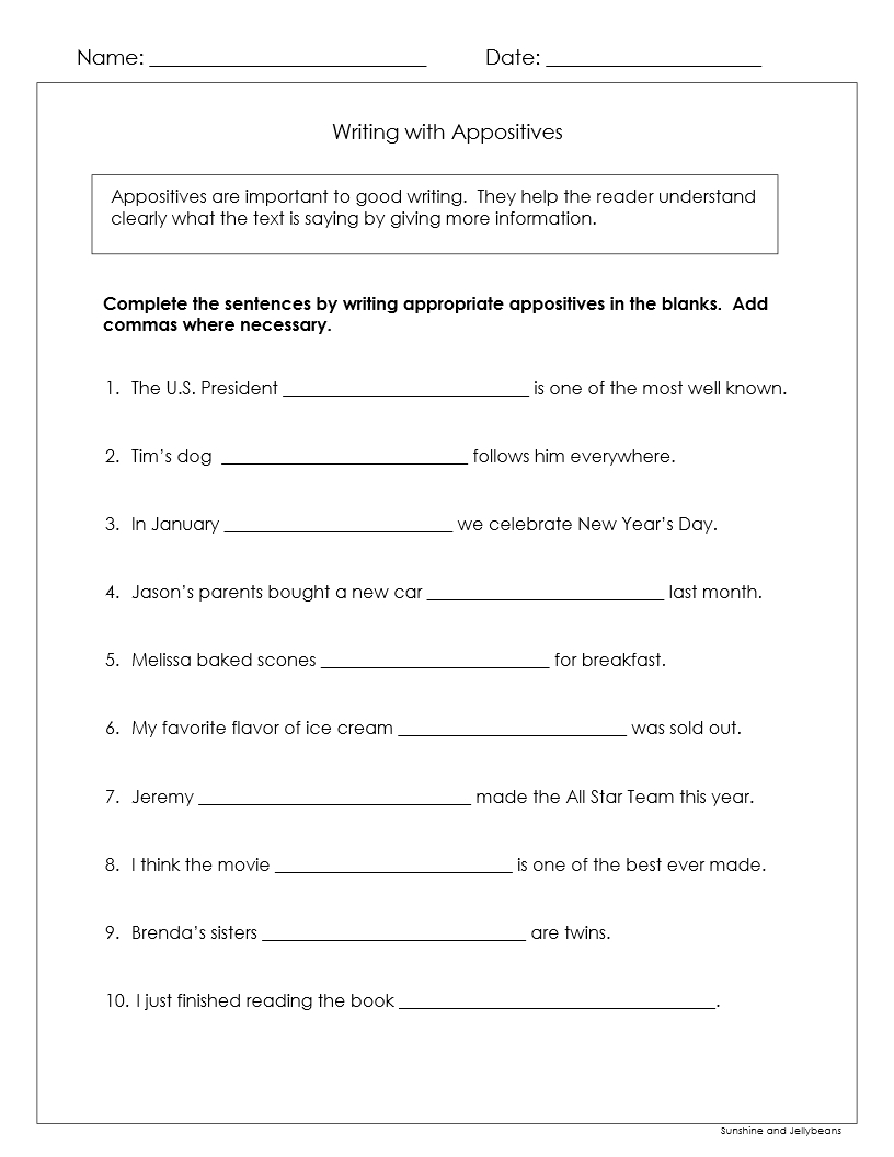 Appositives Understanding And Writing With Them 2 Worksheets Grades 5 6 Google Drive Made By Teachers