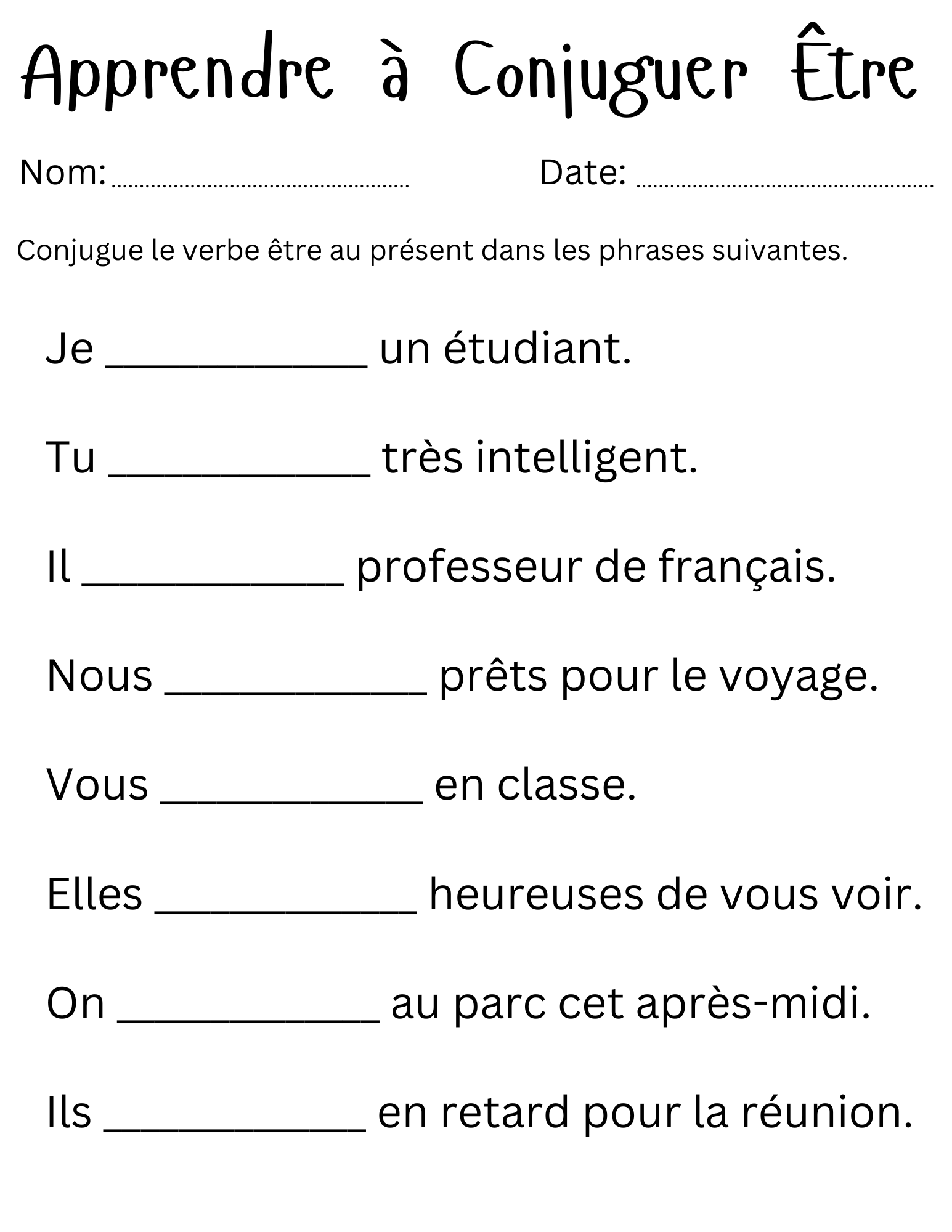 Apprendre Conjuguer tre Beginner French Verb Etre Worksheets Teaching Resources