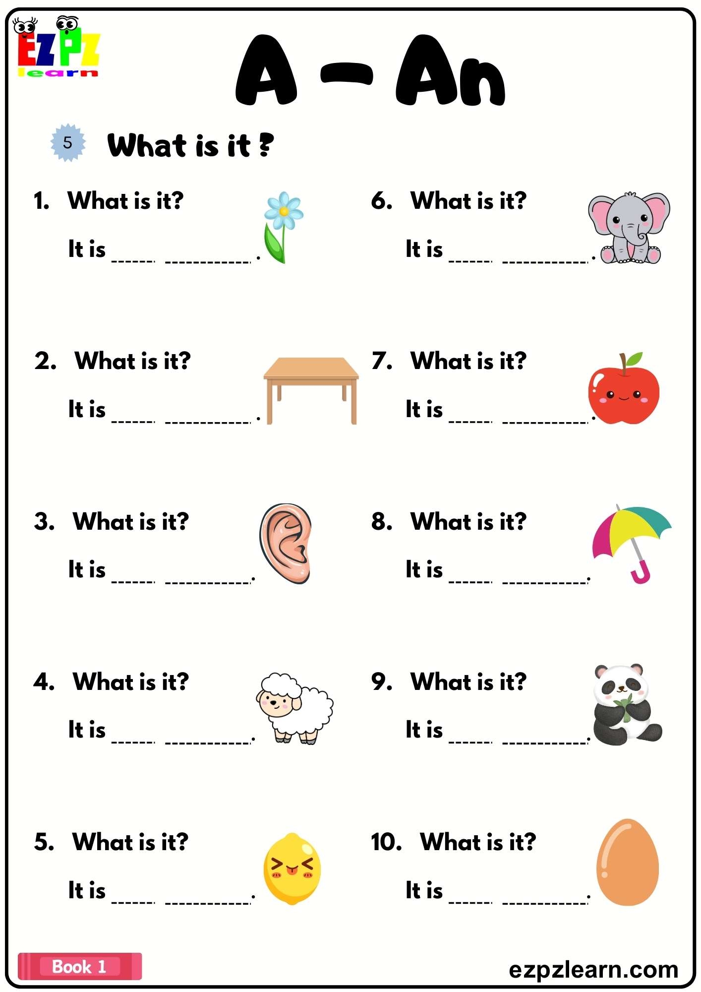 Articles A An Complete The Sentences Grammar Worksheet Book 1 Ezpzlearn