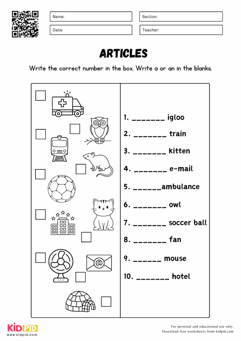 Articles a an English Grammar Worksheets Kidpid