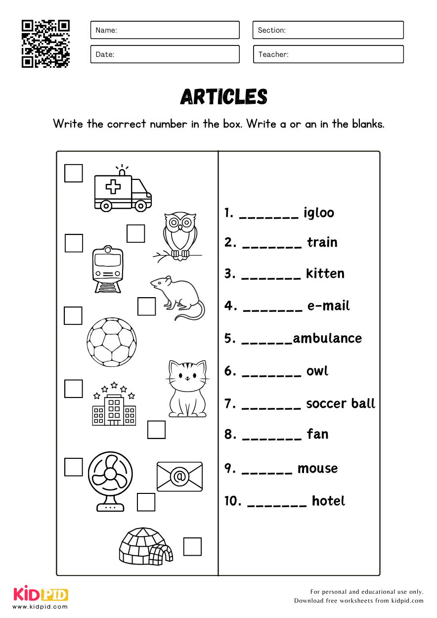 Articles a an English Grammar Worksheets Kidpid