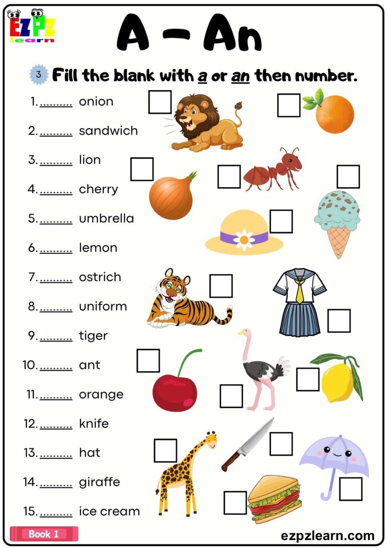 Articles A An Fill In The Blanks Grammar Worksheet Book 1 