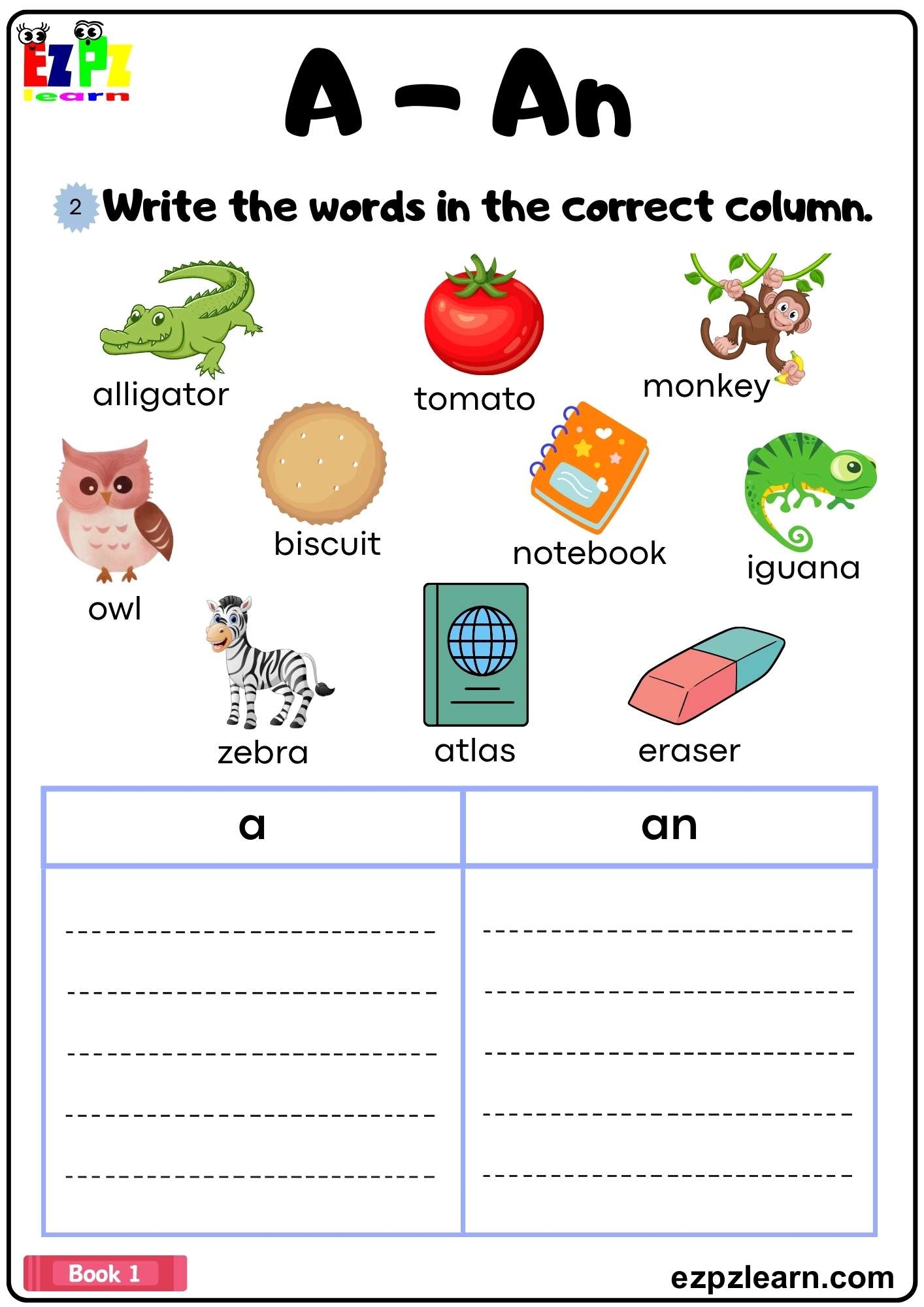 Articles A An Write The Words In The Correct Column Grammar Worksheet Book 1 Ezpzlearn Articles A An Write The Words In The Correct Column Grammar Worksheet Book 1 Ezpzlearn