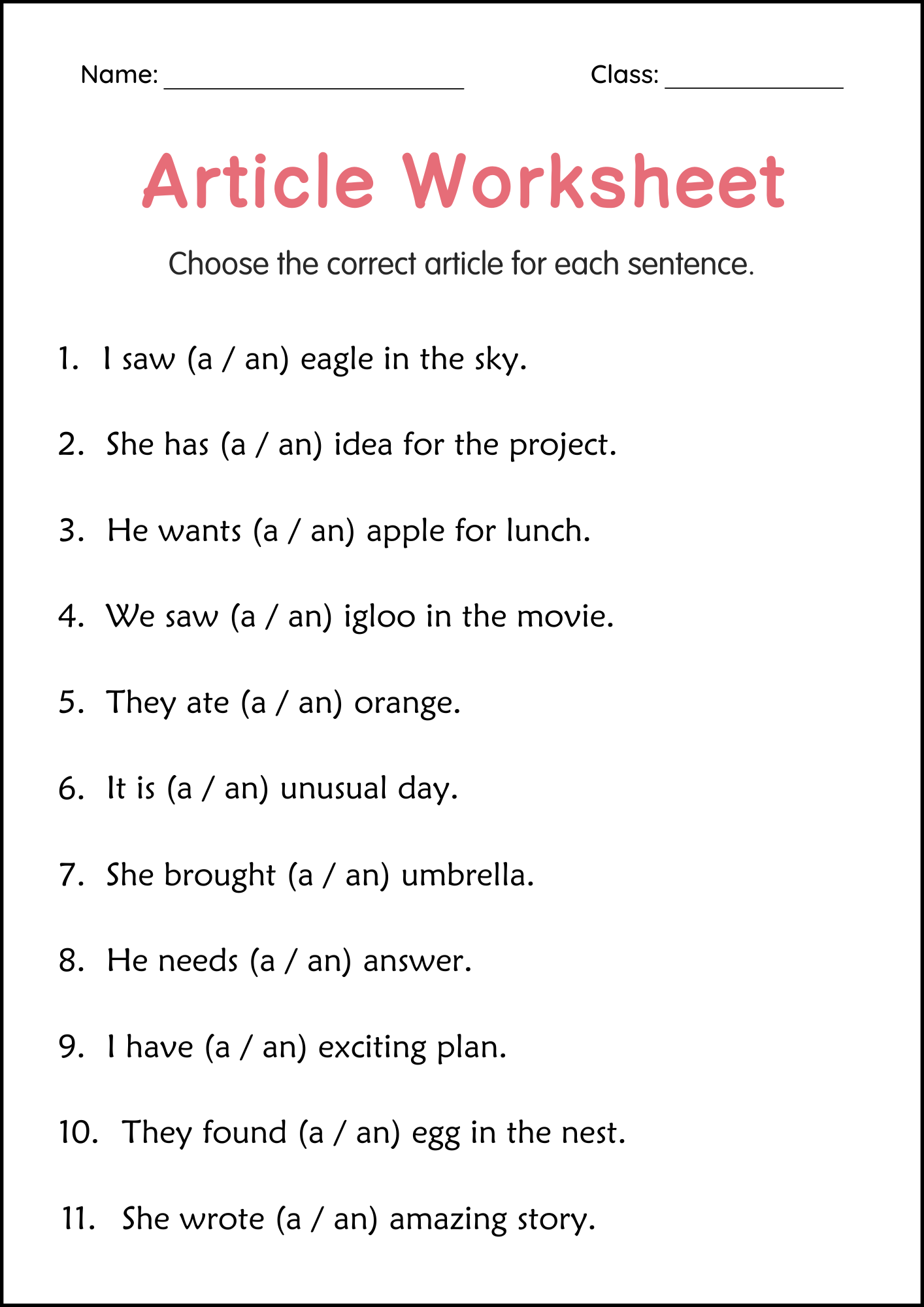 Articles A And An Grammar Worksheets For Grade 1 2 3