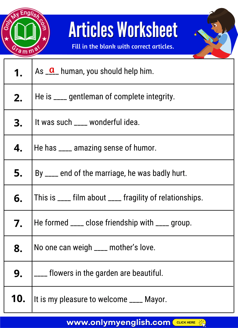 Grammar Articles Worksheet
