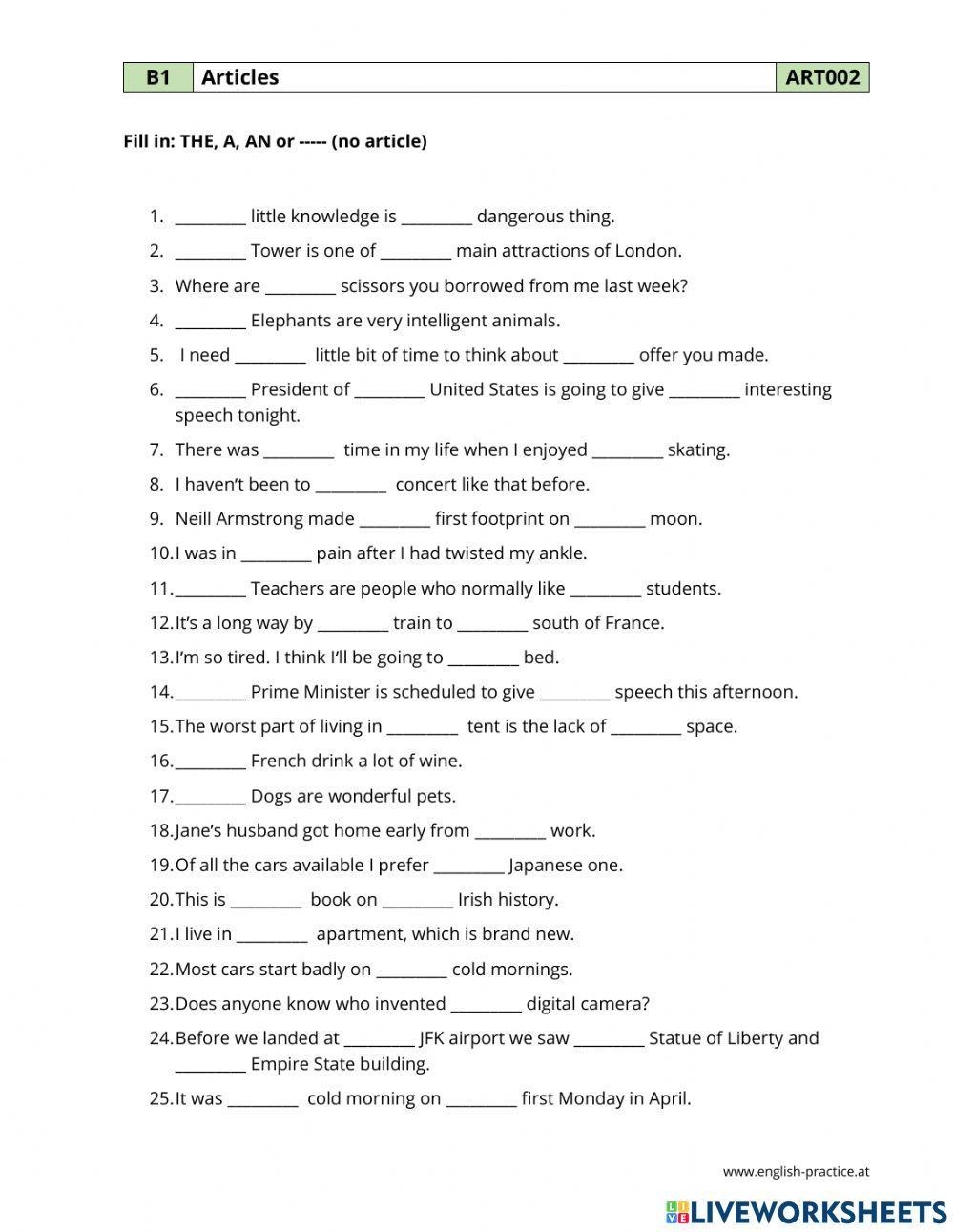 Articles Free Interactive Worksheets 1130285
