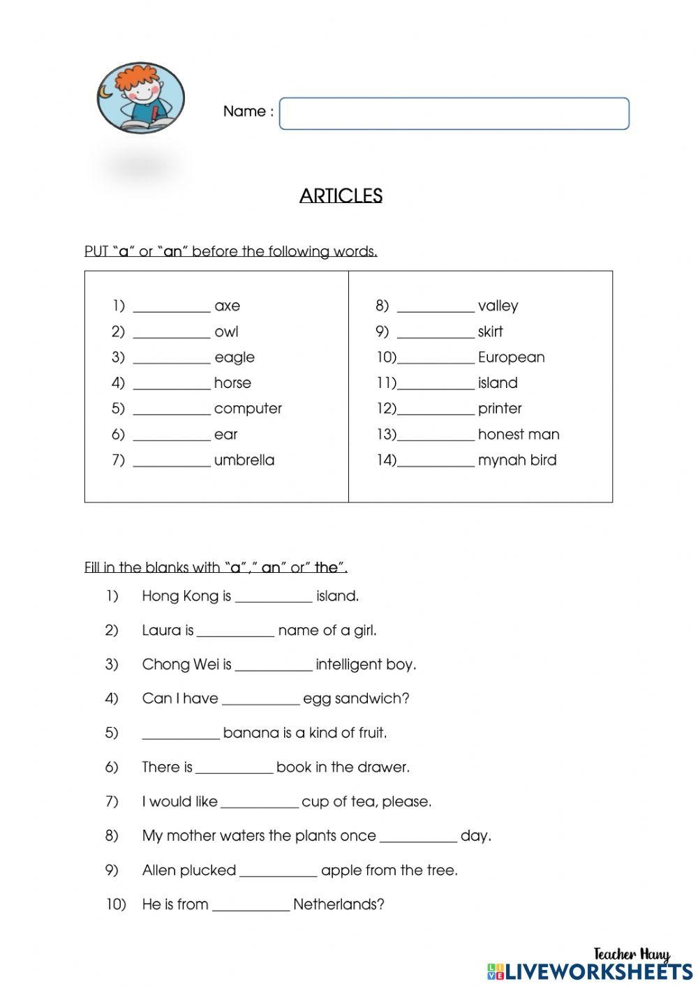 Articles Free Interactive Worksheets 1527926