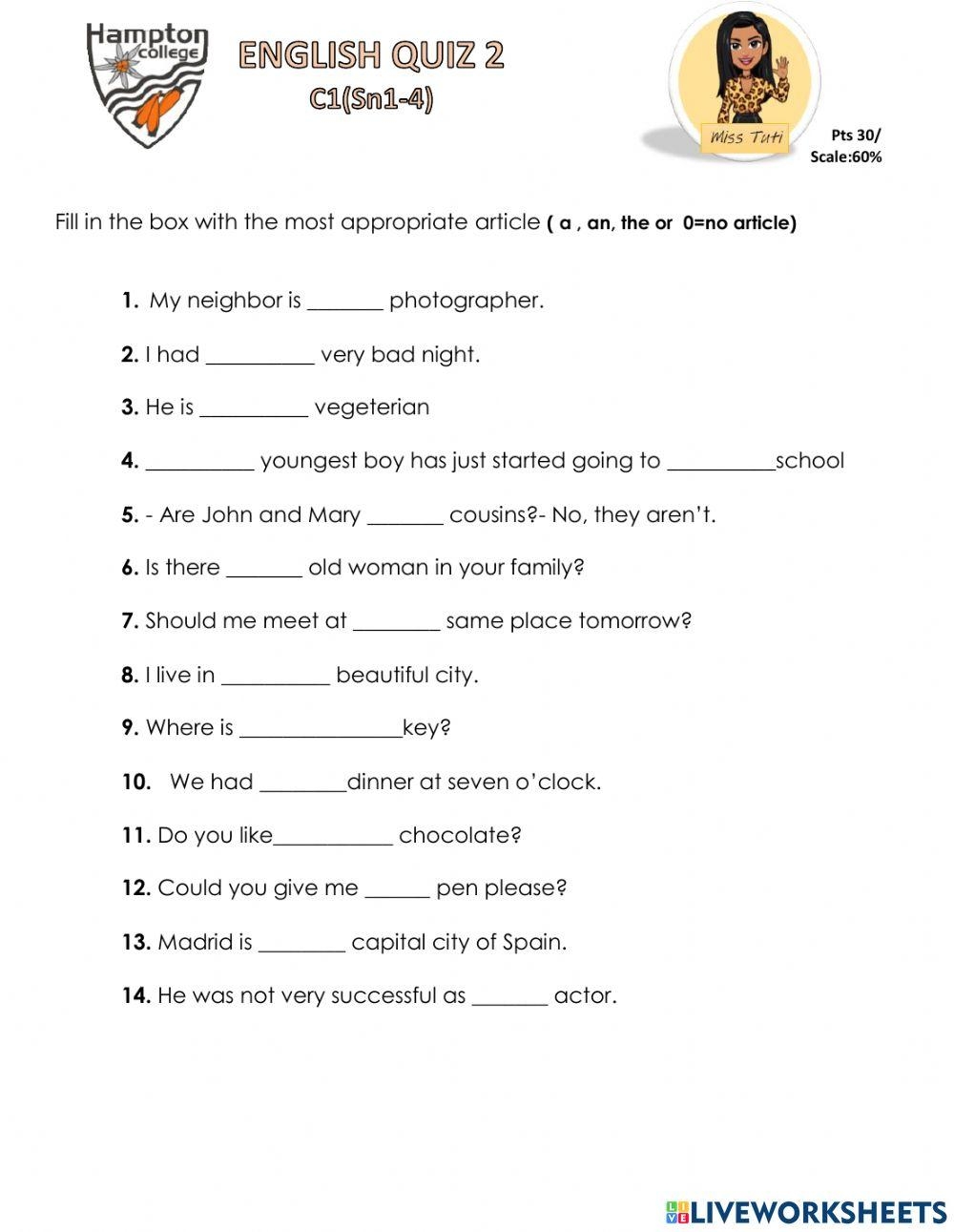 Articles Grammar Worksheets For Grade 4 Articles Grammar Worksheets For Grade 4