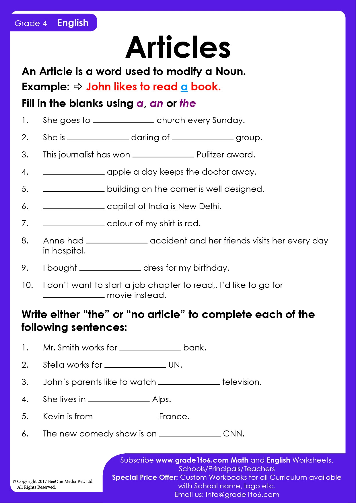 Articles Grammar Worksheets For Grade 6 Articles Grammar Worksheets For Grade 6