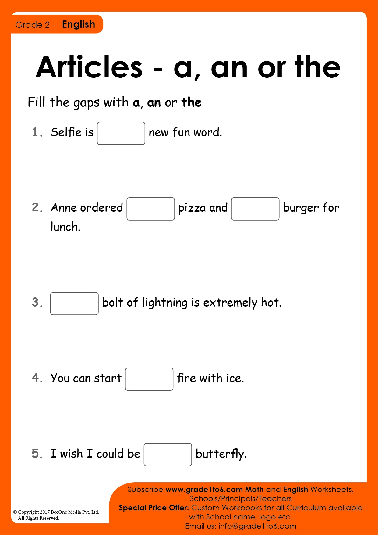 Articles Worksheet For Class 2 English Grammar