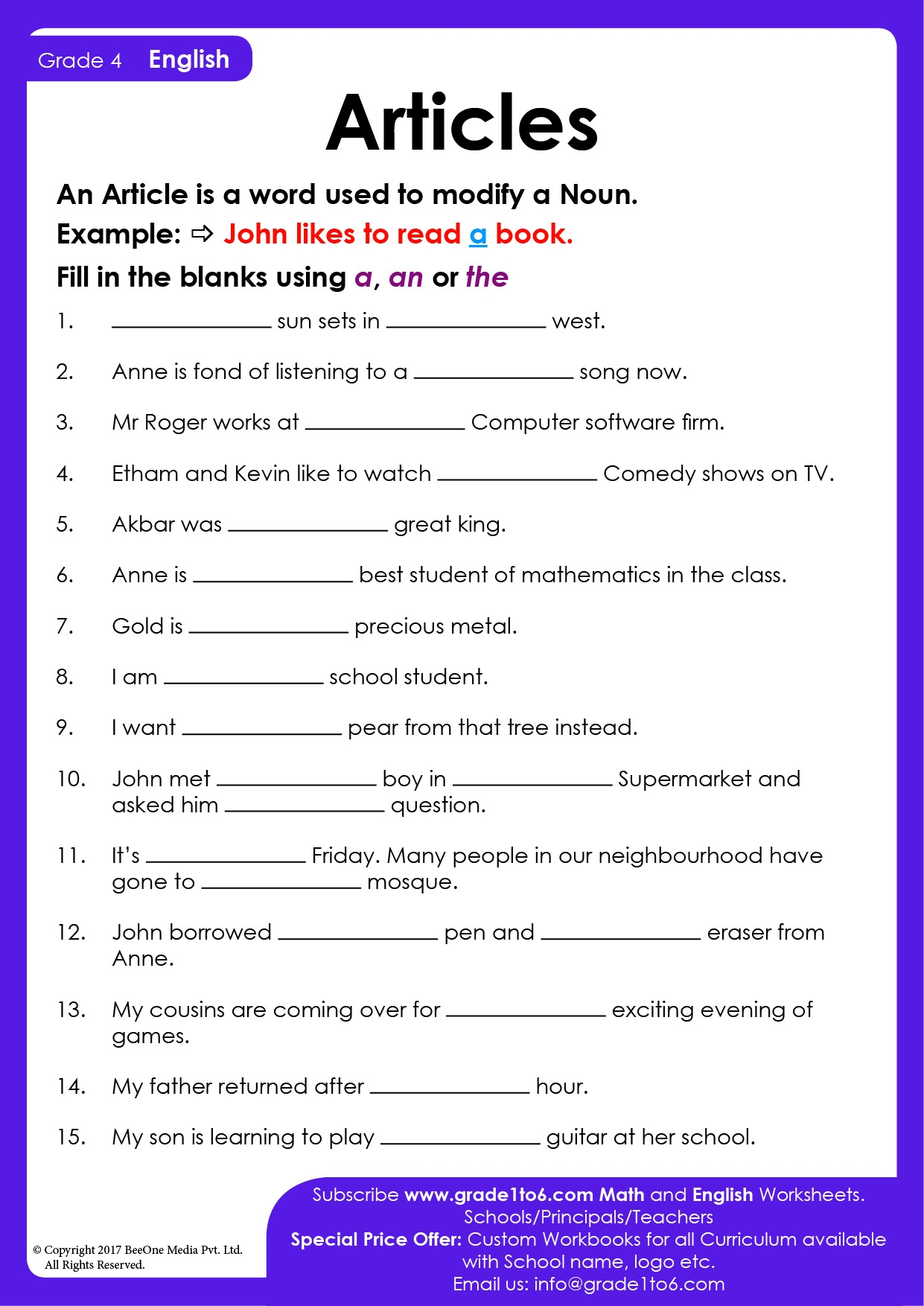English Grammar Articles Worksheet