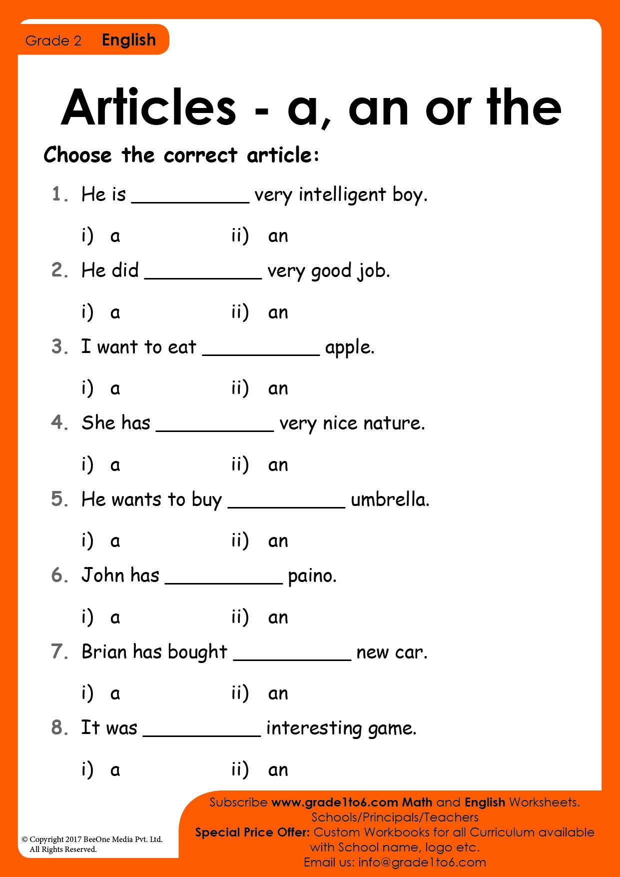 Articles Worksheets For Class 2 Grade1to6