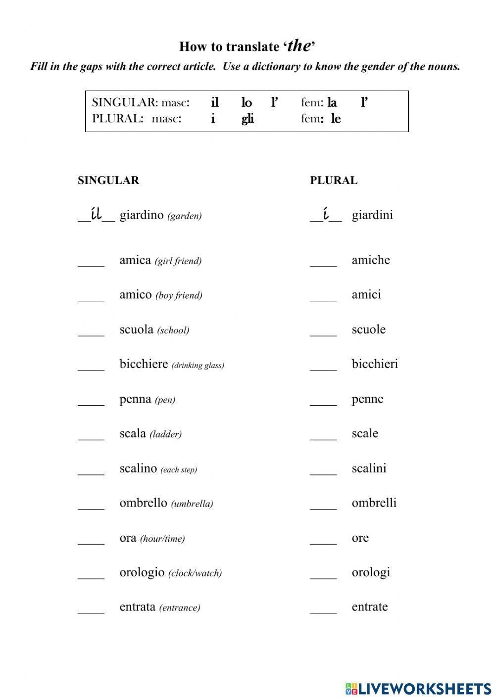 Italian Grammar Worksheets