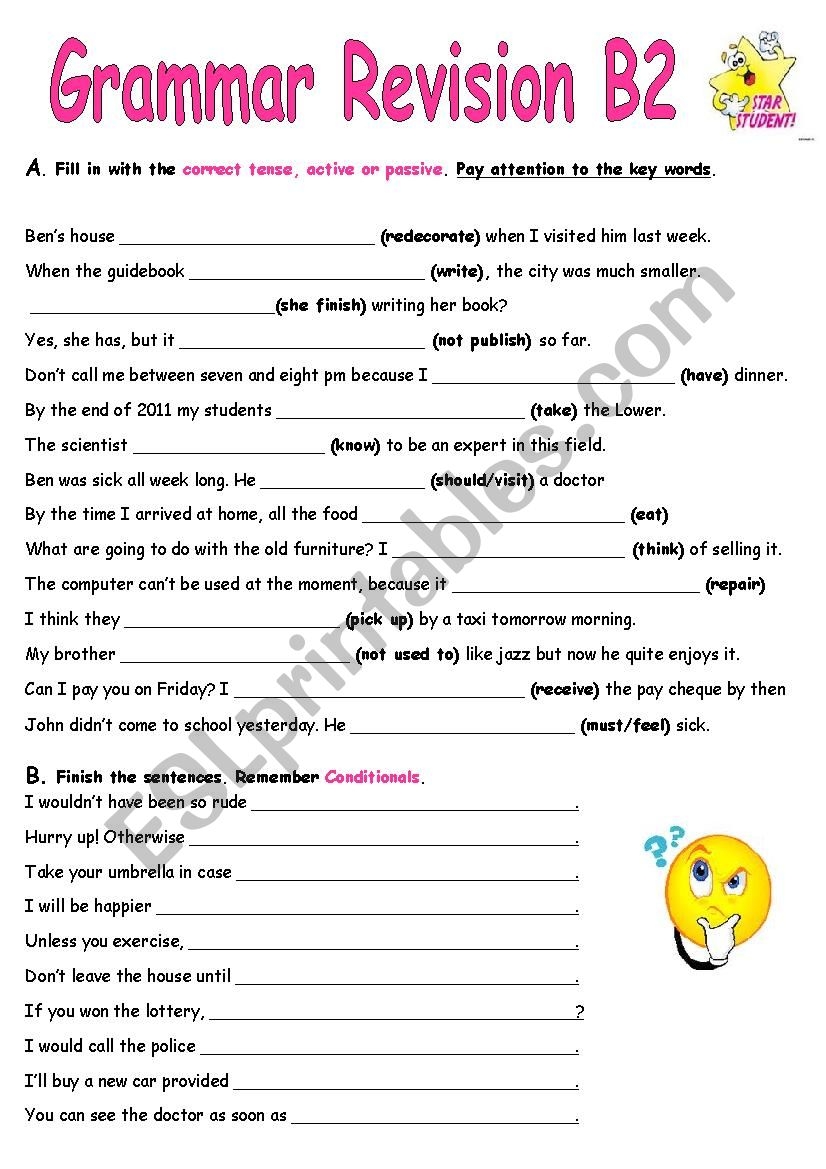 B2 Grammar Revision Active Passive Voice Conditionals Wishes Causative Gerund And Infinitive Indirect Speech And Special Structures ESL Worksheet By Yiotoula