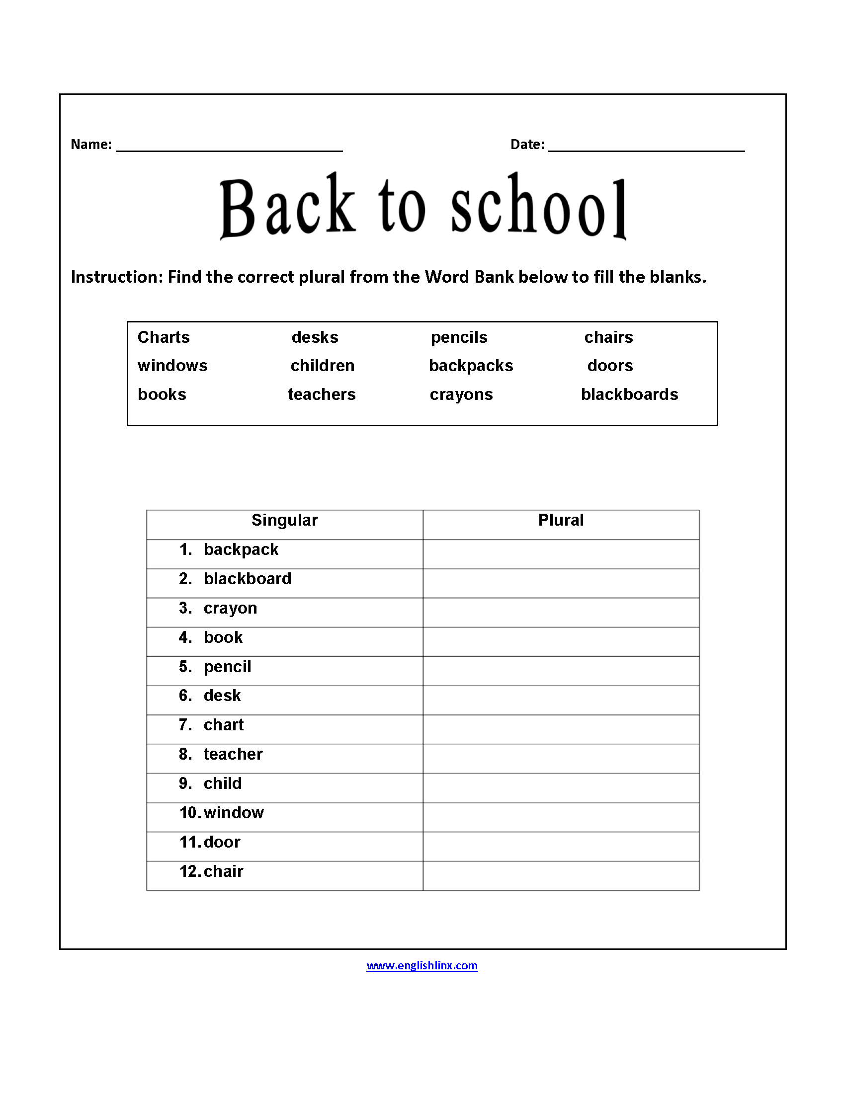 Back To School Worksheets Correct Plurals Back To School Worksheets Back To School Worksheets Correct Plurals Back To School Worksheets