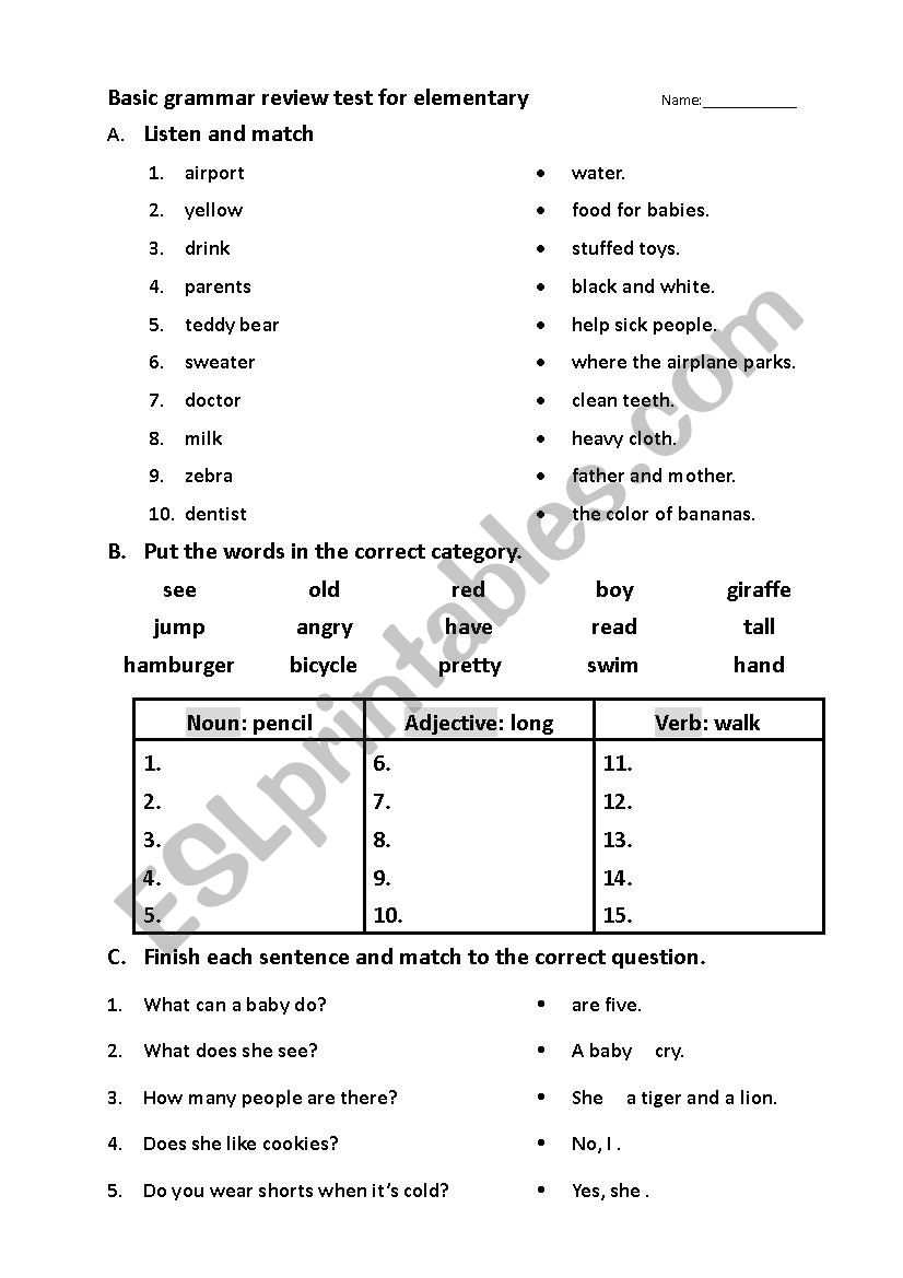 Basic Grammar Test For Elementary ESL Worksheet By Amy7488kimo Basic Grammar Test For Elementary ESL Worksheet By Amy7488kimo