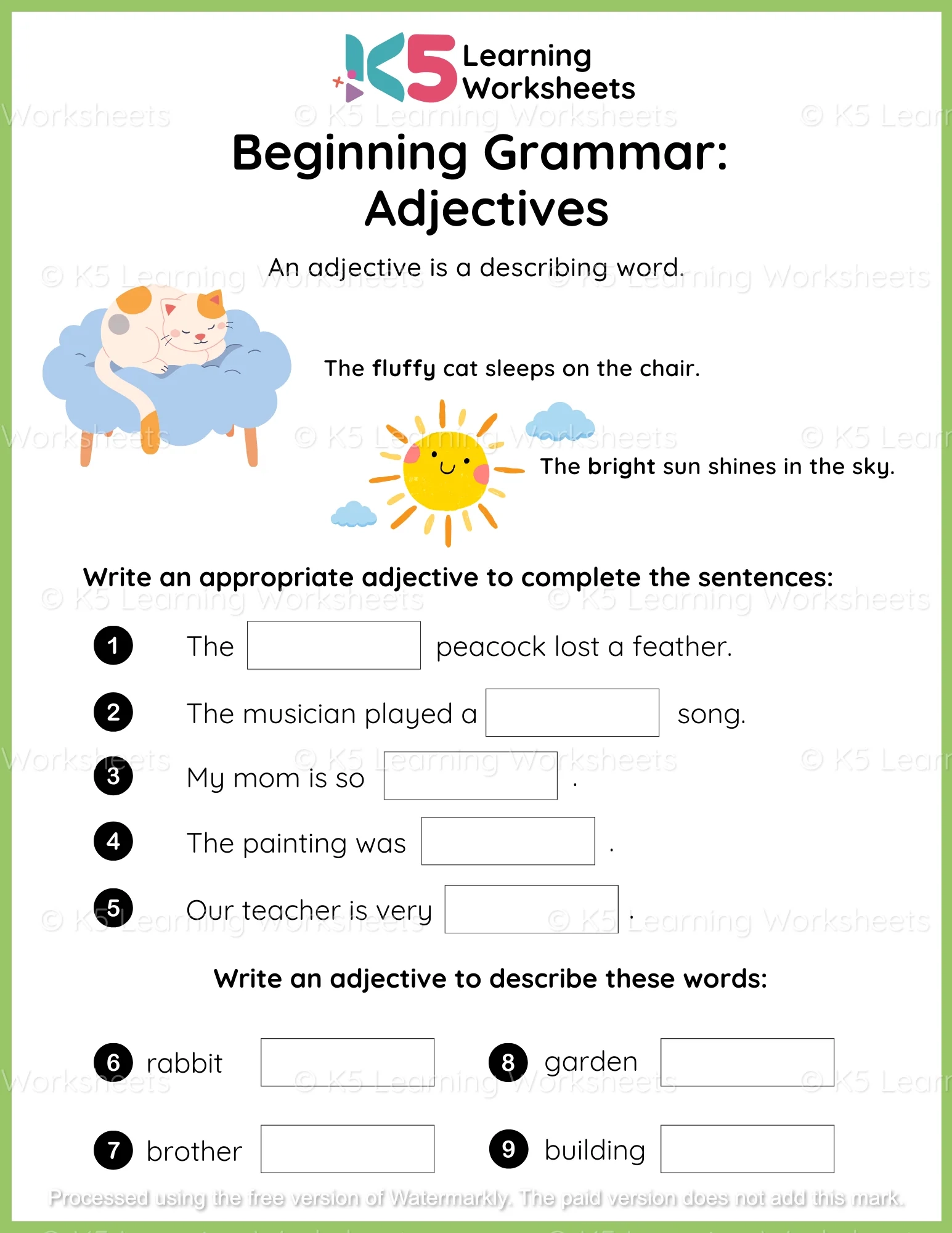 Beginning Grammar Adjectives Worksheet K5 Learning Worksheets