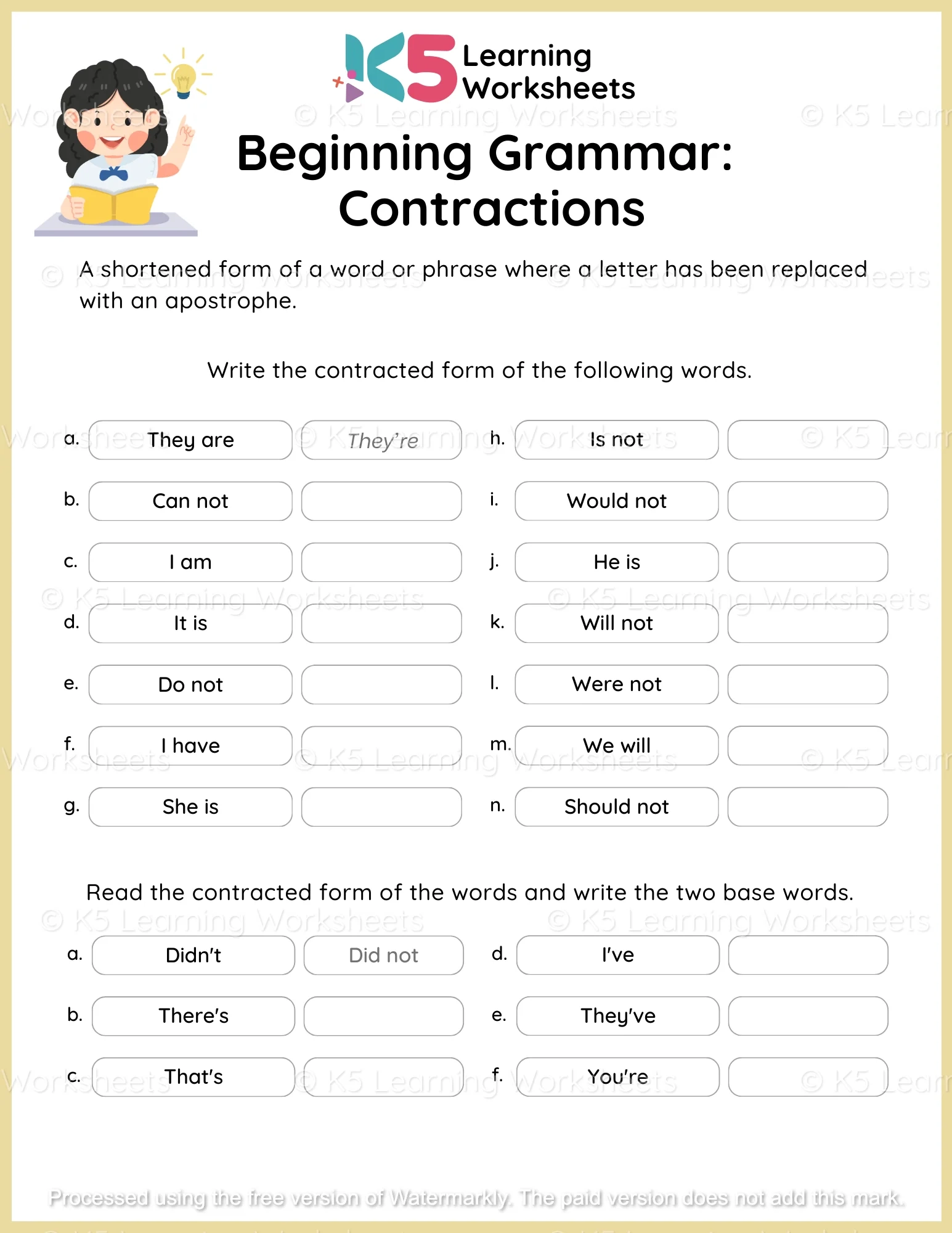 Beginning Grammar Contractions Worksheet K5 Learning Worksheets