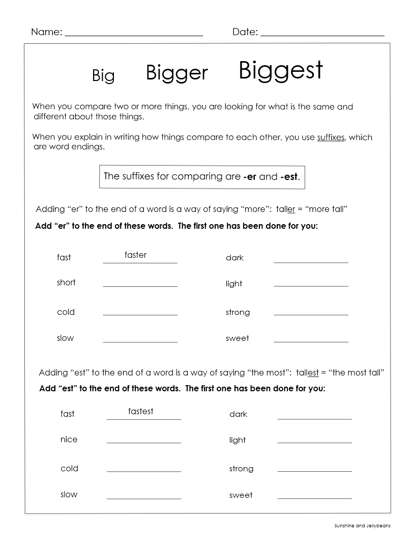 Big Bigger Biggest er est Suffixes Comparative Superlative Adjectives Made By Teachers
