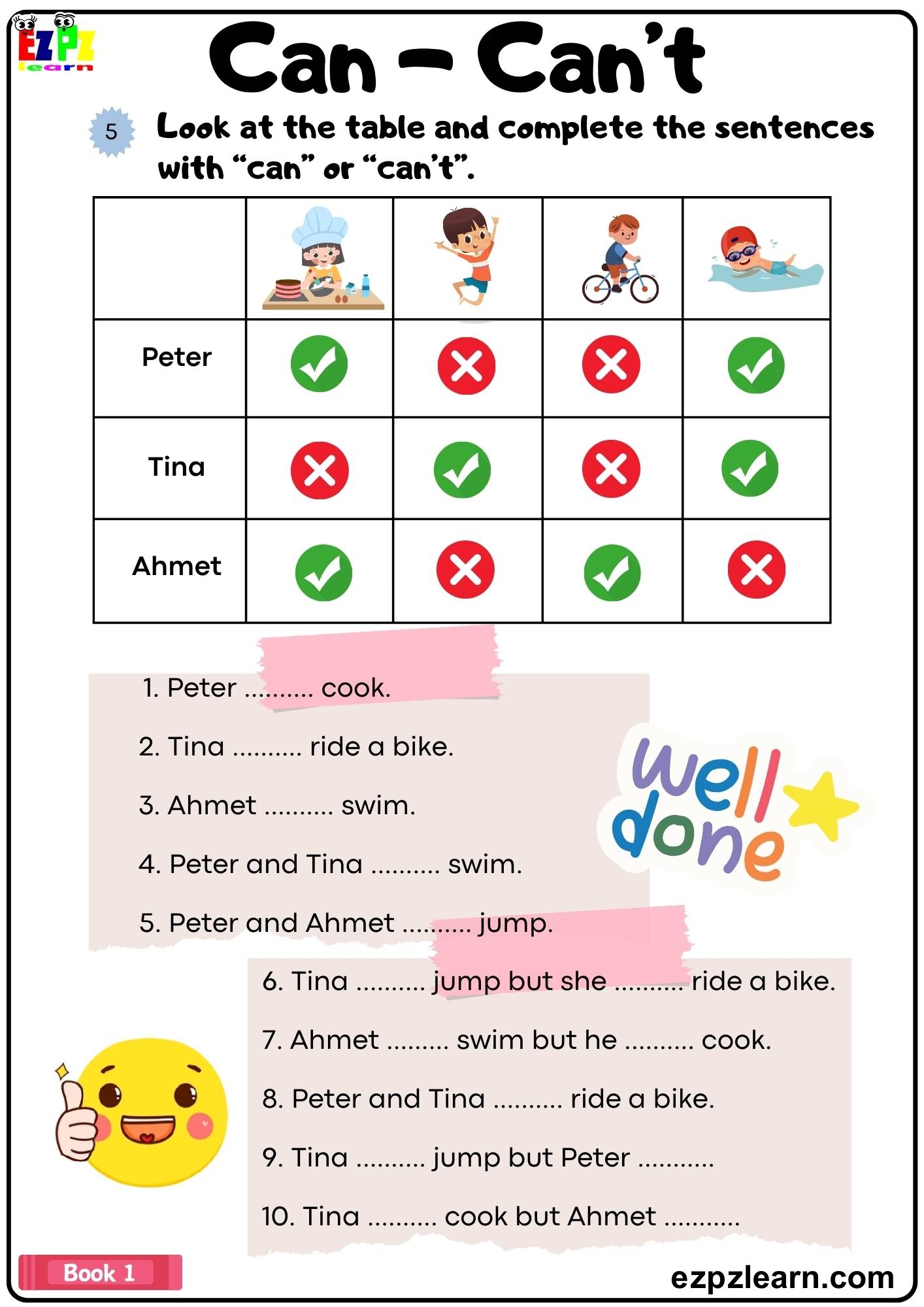 Can Can t Look At The Table And Complete The Sentences Grammar Worksheet pdf Ezpzlearn