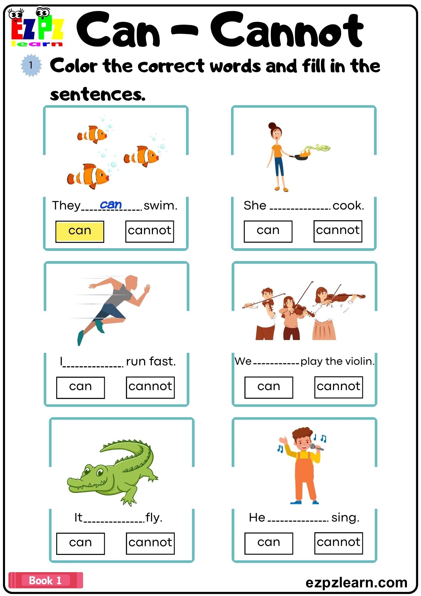 Can Cannot Color The Correct Words And Fill In The Sentences Grammar Worksheet Pdf Ezpzlearn