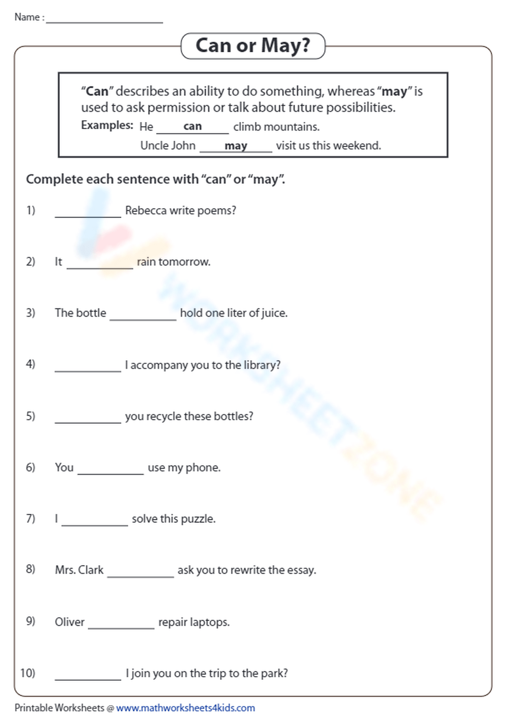 Can Vs May Grammar Clarity Worksheet Can Vs May Grammar Clarity Worksheet