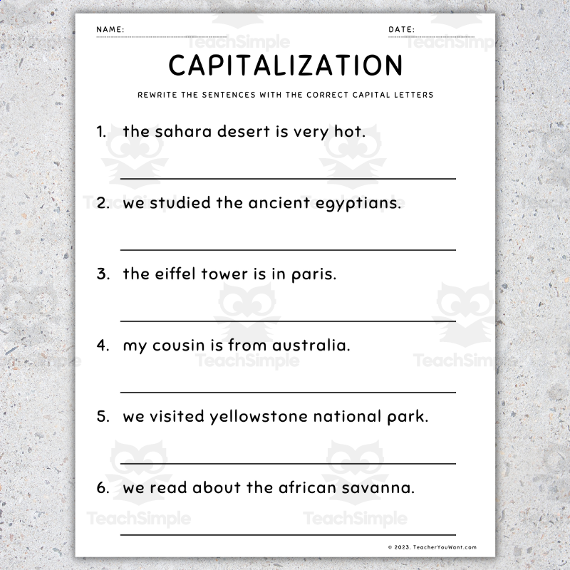 Grammar Worksheets Capitalization