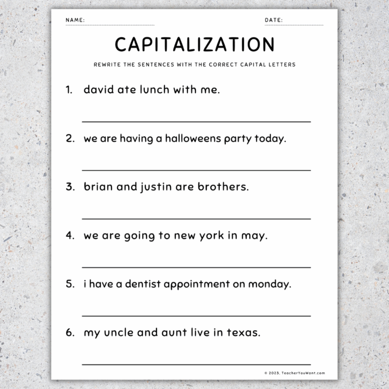 Capitalization Worksheets Fix The Sentences Grammar Practice 2nd Grade Made By Teachers