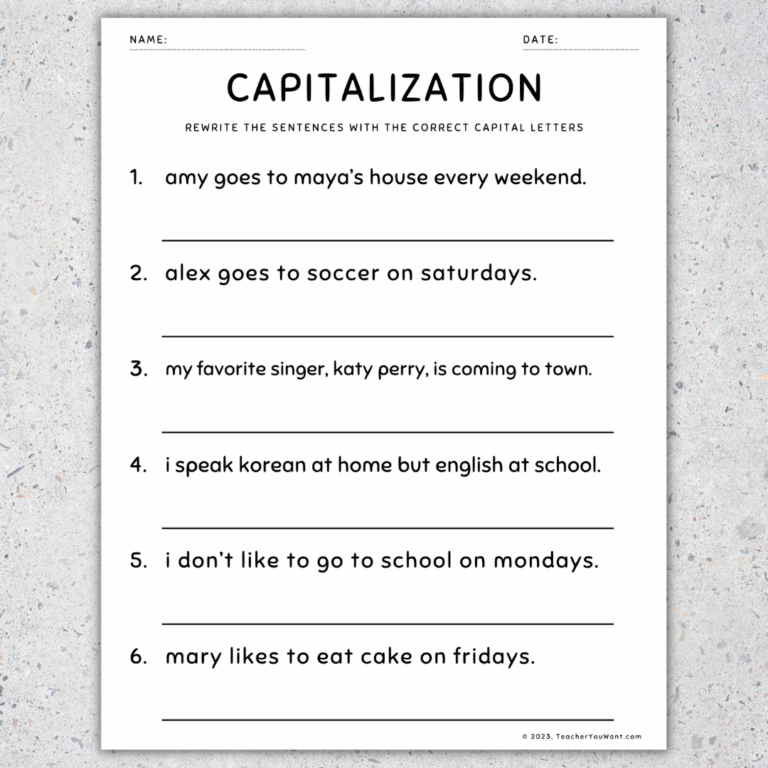 Capitalization Worksheets Fix The Sentences Grammar Practice 4th Grade