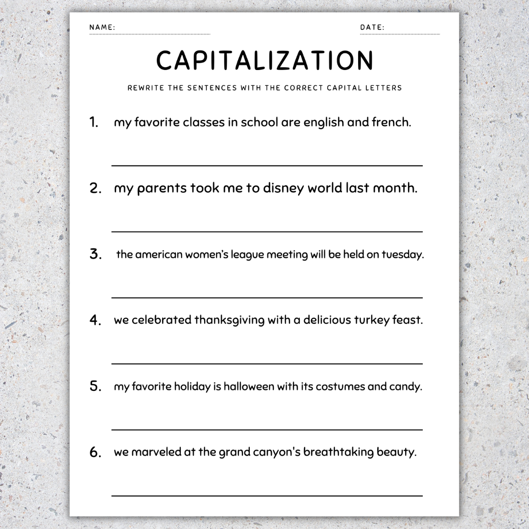 Capitalization Worksheets Fix The Sentences Grammar Practice 5th 