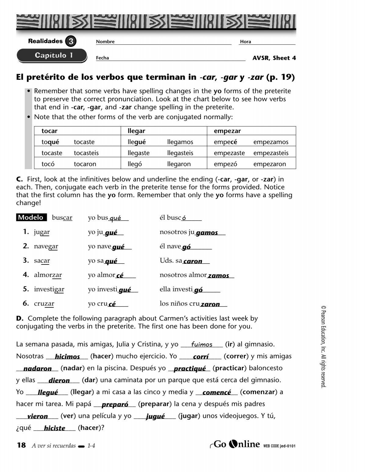 CAR GAR ZAR El Pret rito Worksheet ANSWER Key pg 18 CAR GAR ZAR El Pret rito Worksheet ANSWER Key pg 18