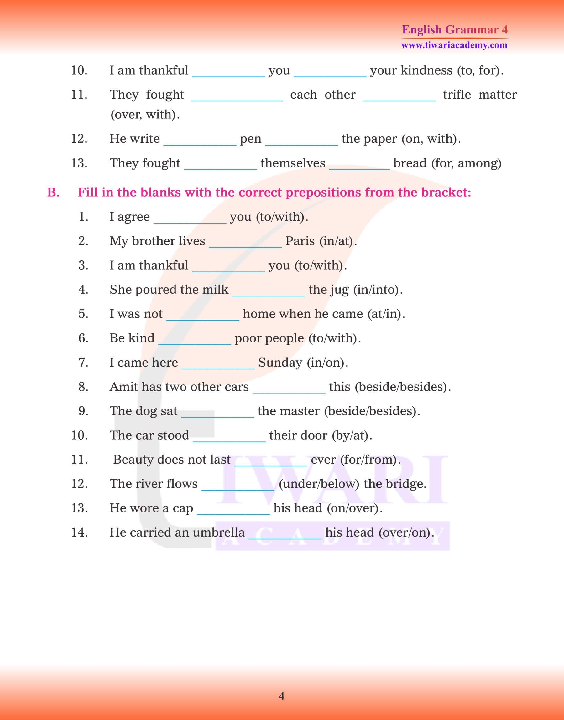 CBSE NCERT Class 4 English Grammar Chapter 14 Prepositions In PDF 