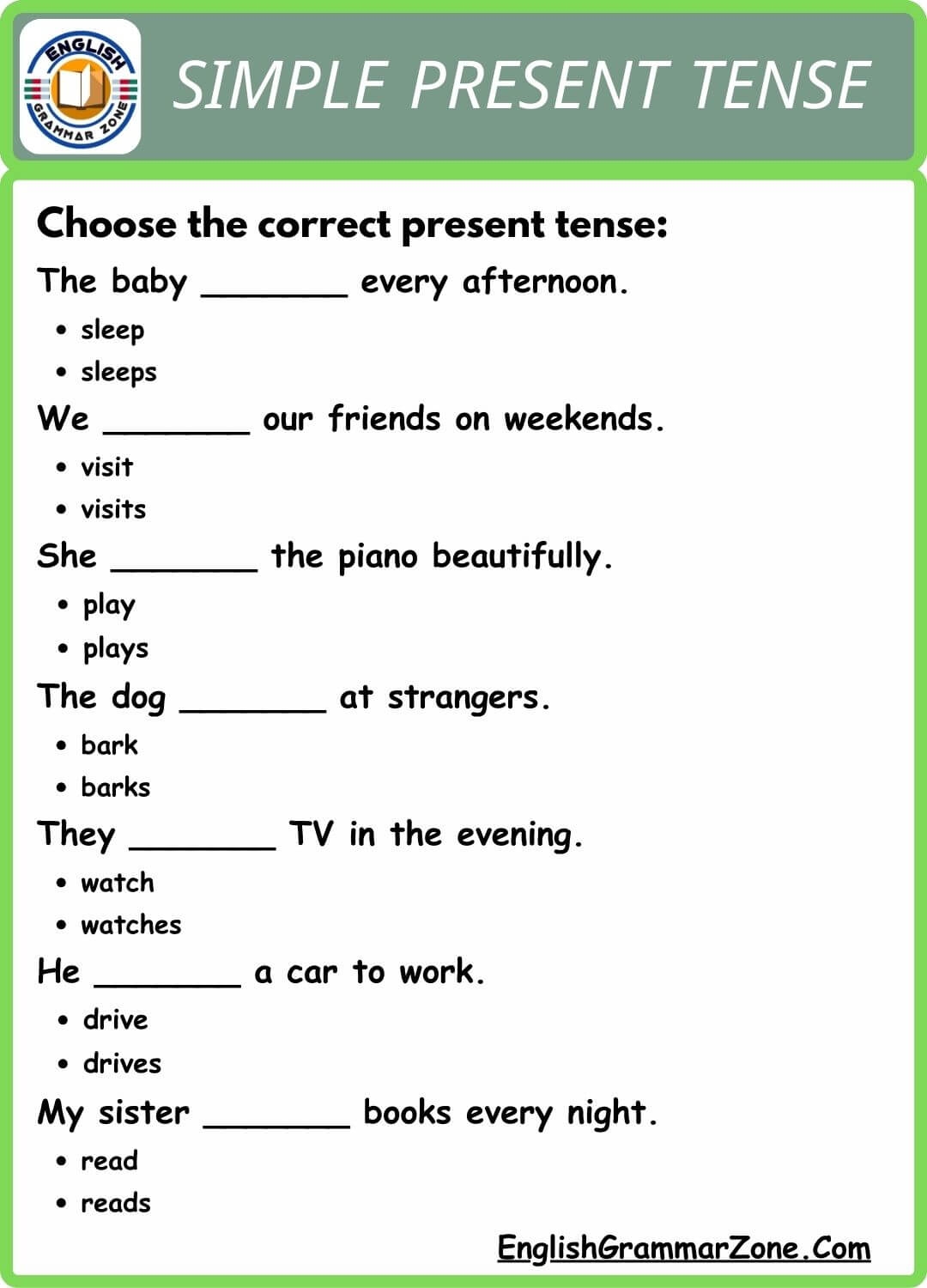 Choose The Correct Present Tense Worksheet With Answer Choose The Correct Present Tense Worksheet With Answer