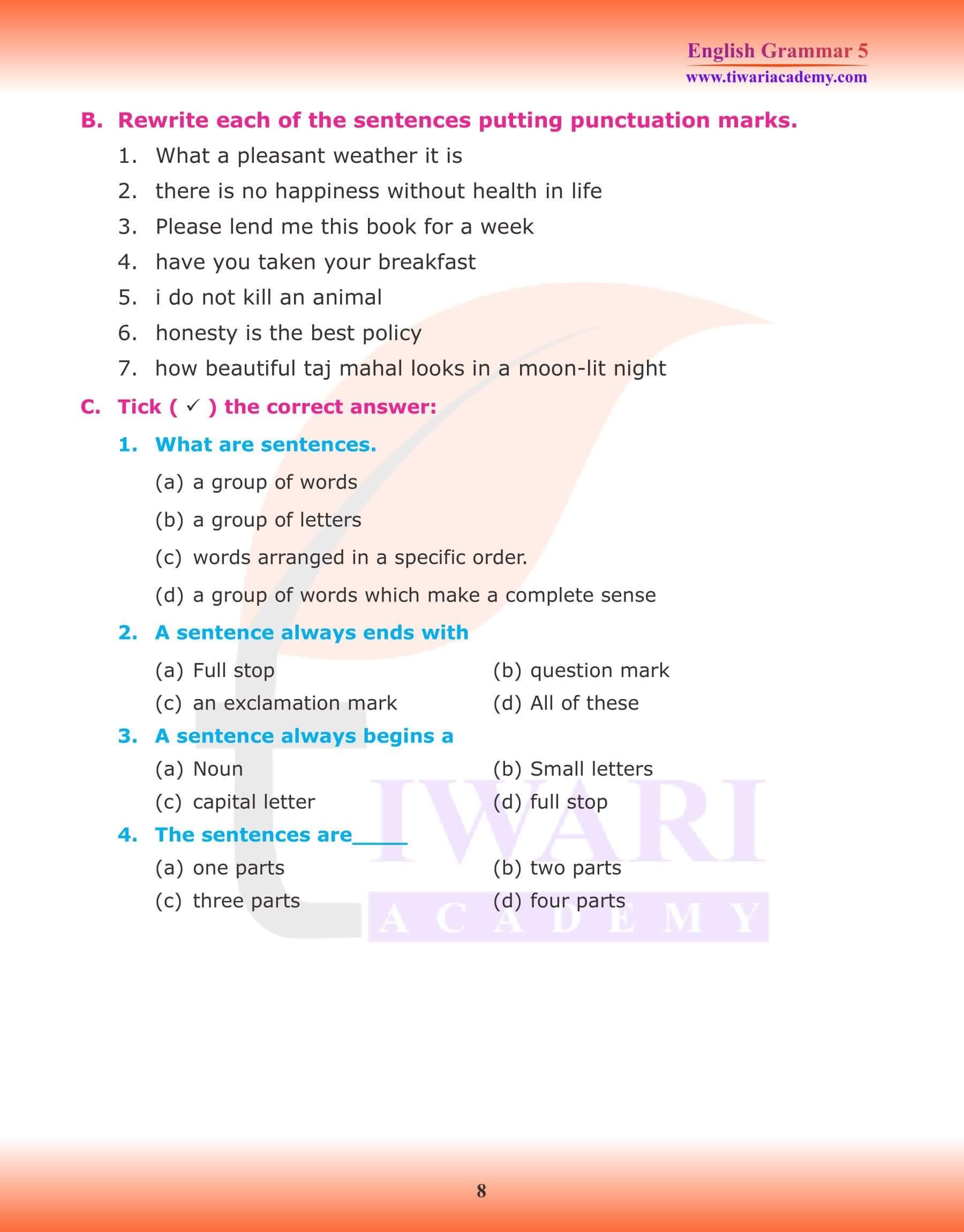 English Grammar For Class 5 Worksheet