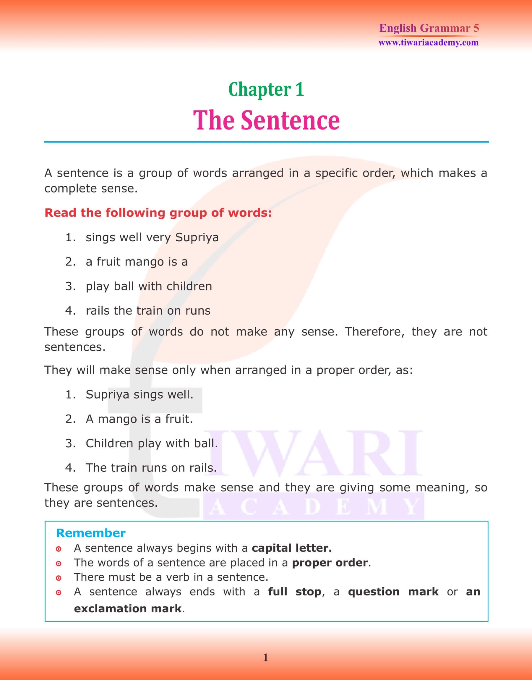 Class 5 English Grammar Chapter 1 The Sentence