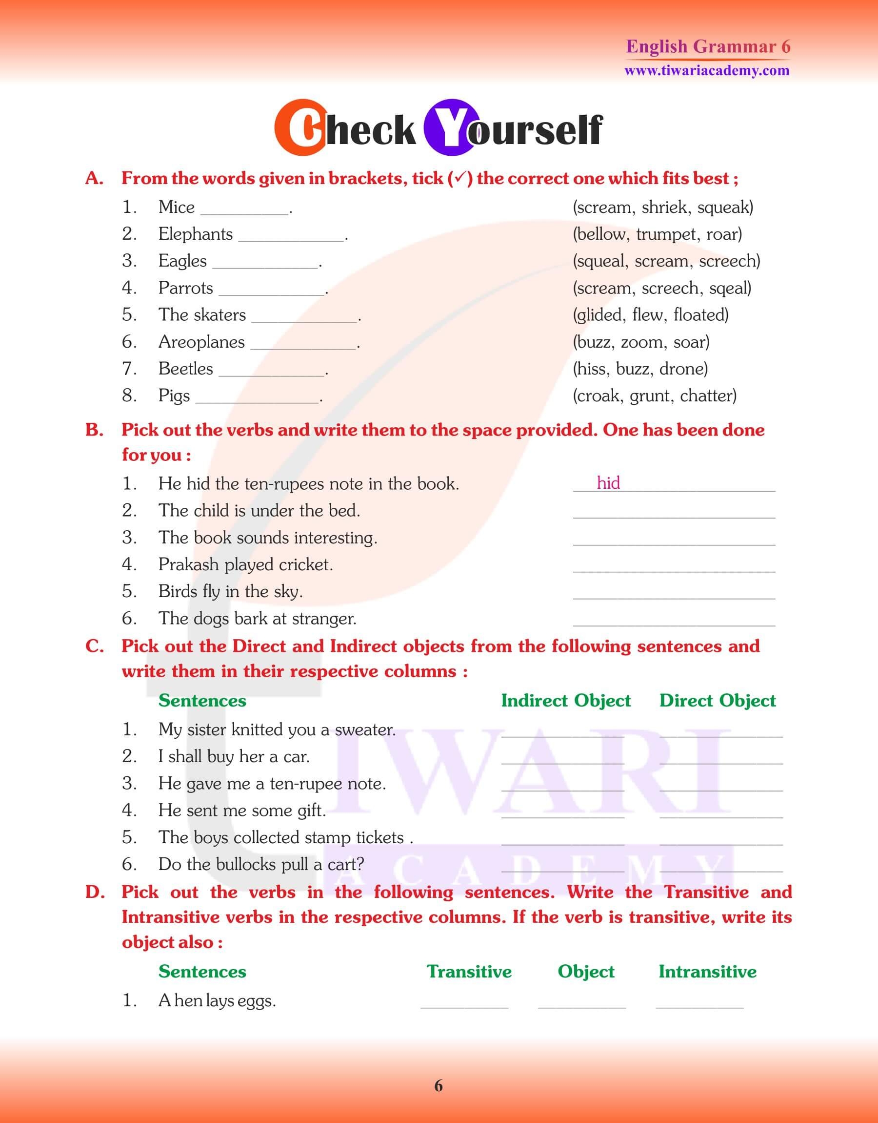 English Grammar Worksheets For Class 6