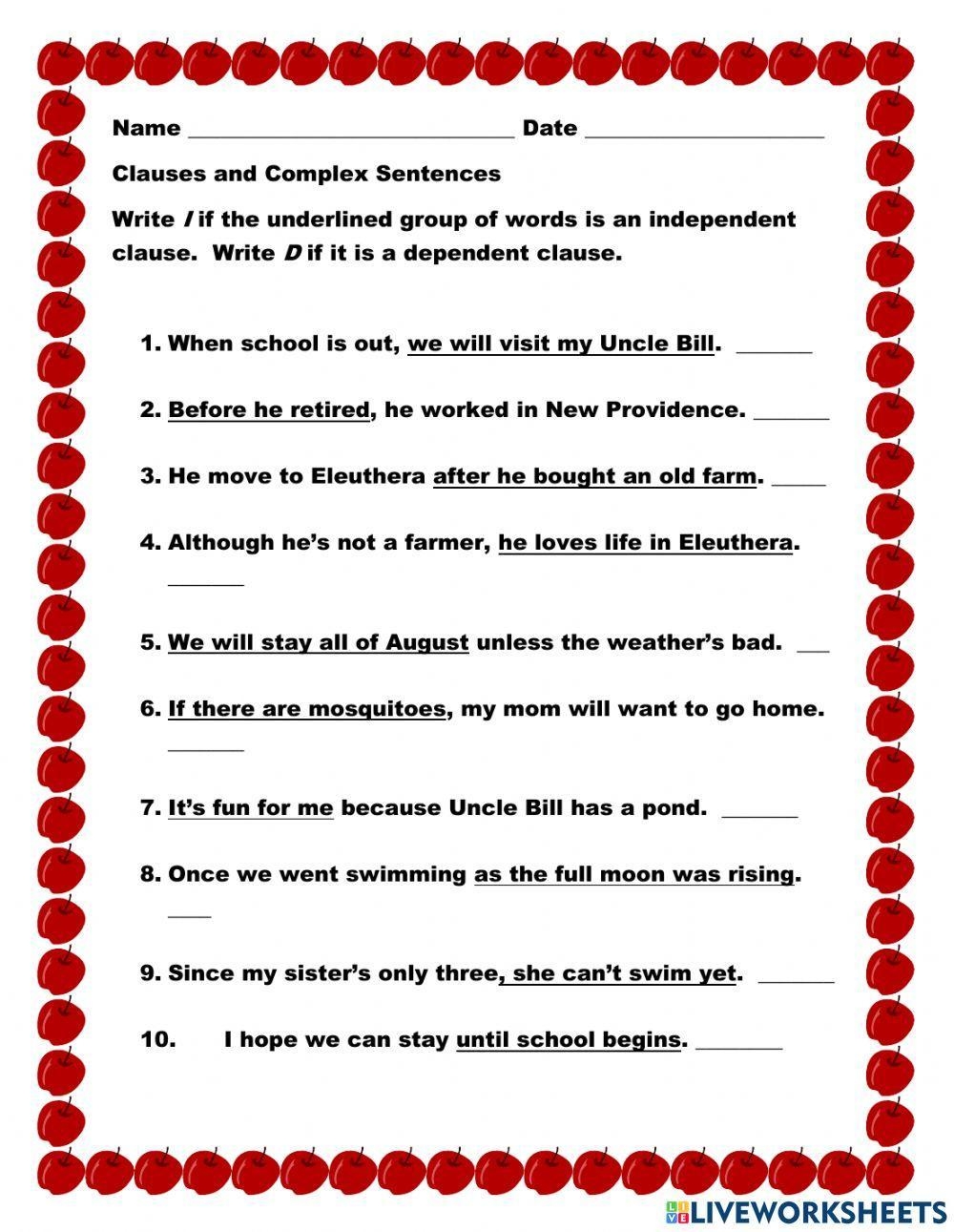 Clauses In Grammar Worksheets