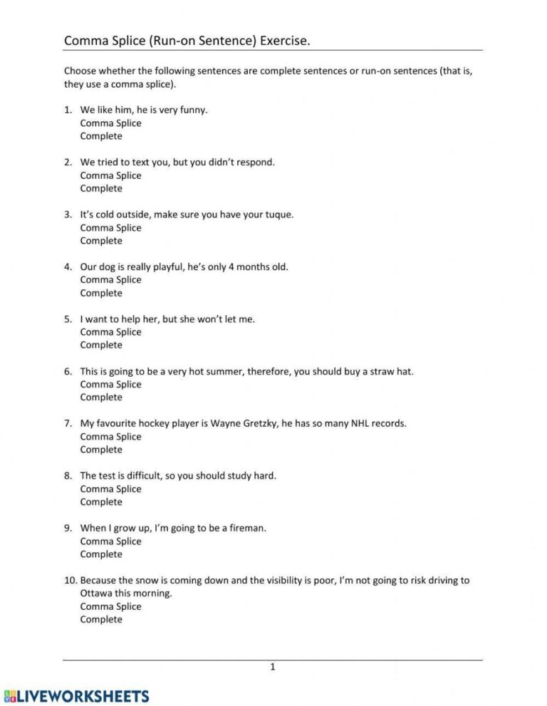 Comma Splice Ex Free Interactive Worksheets 122830