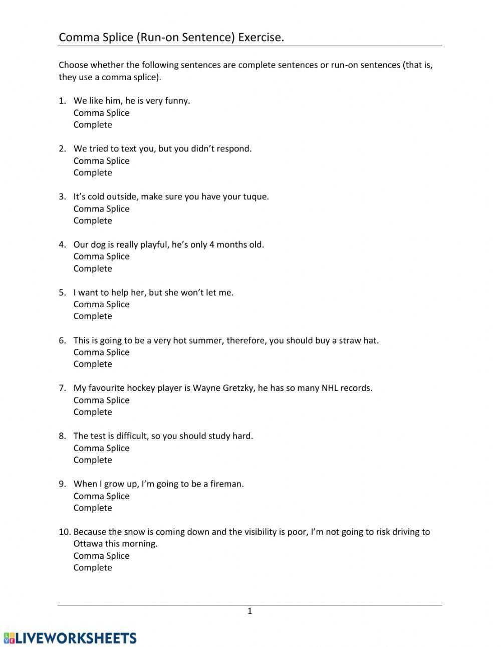Comma Splice Ex Free Interactive Worksheets 122830 Comma Splice Ex Free Interactive Worksheets 122830