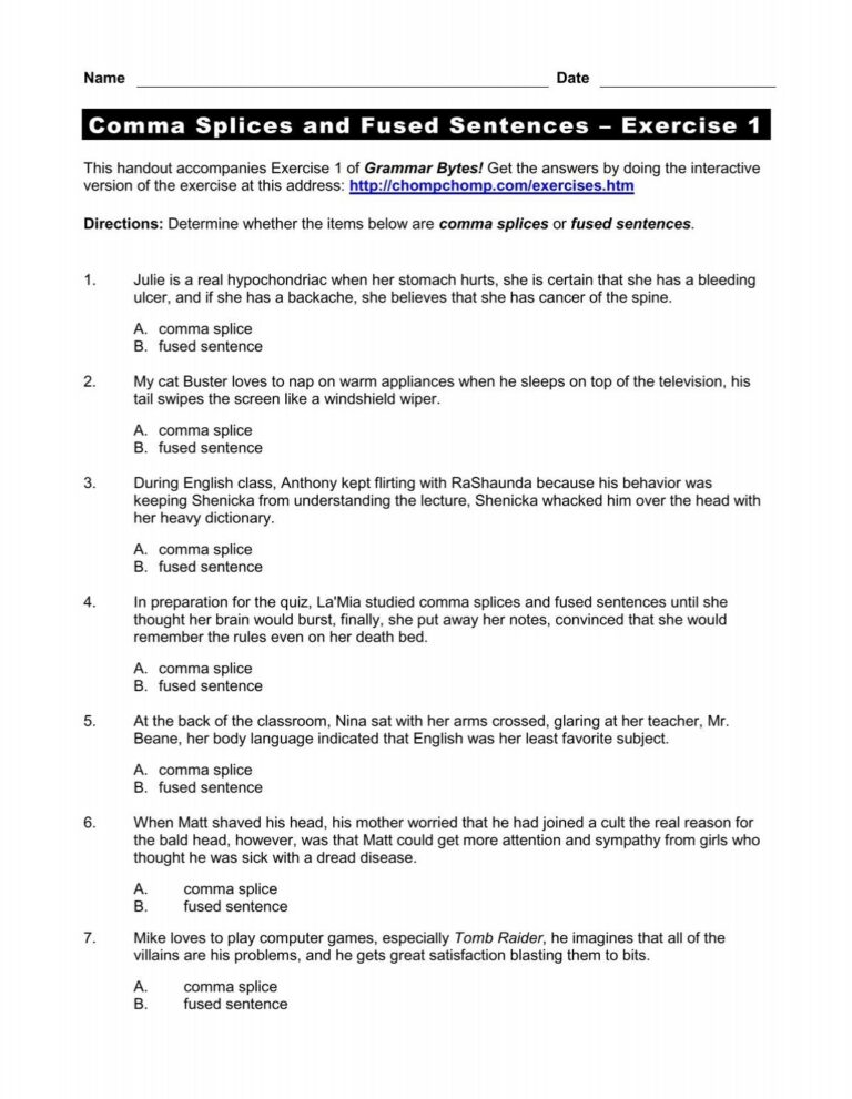Comma Splices And Fused Sentences Exercise 1 Grammar Bytes 