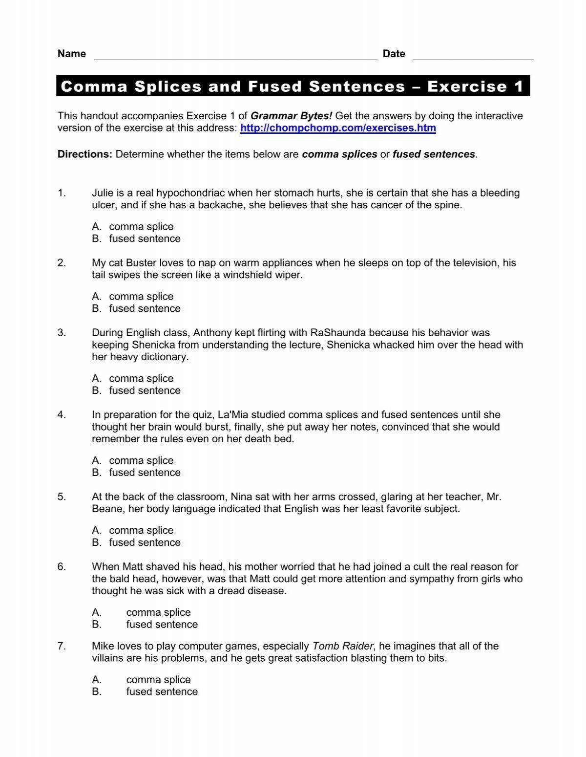 Comma Splices And Fused Sentences Exercise 1 Grammar Bytes 