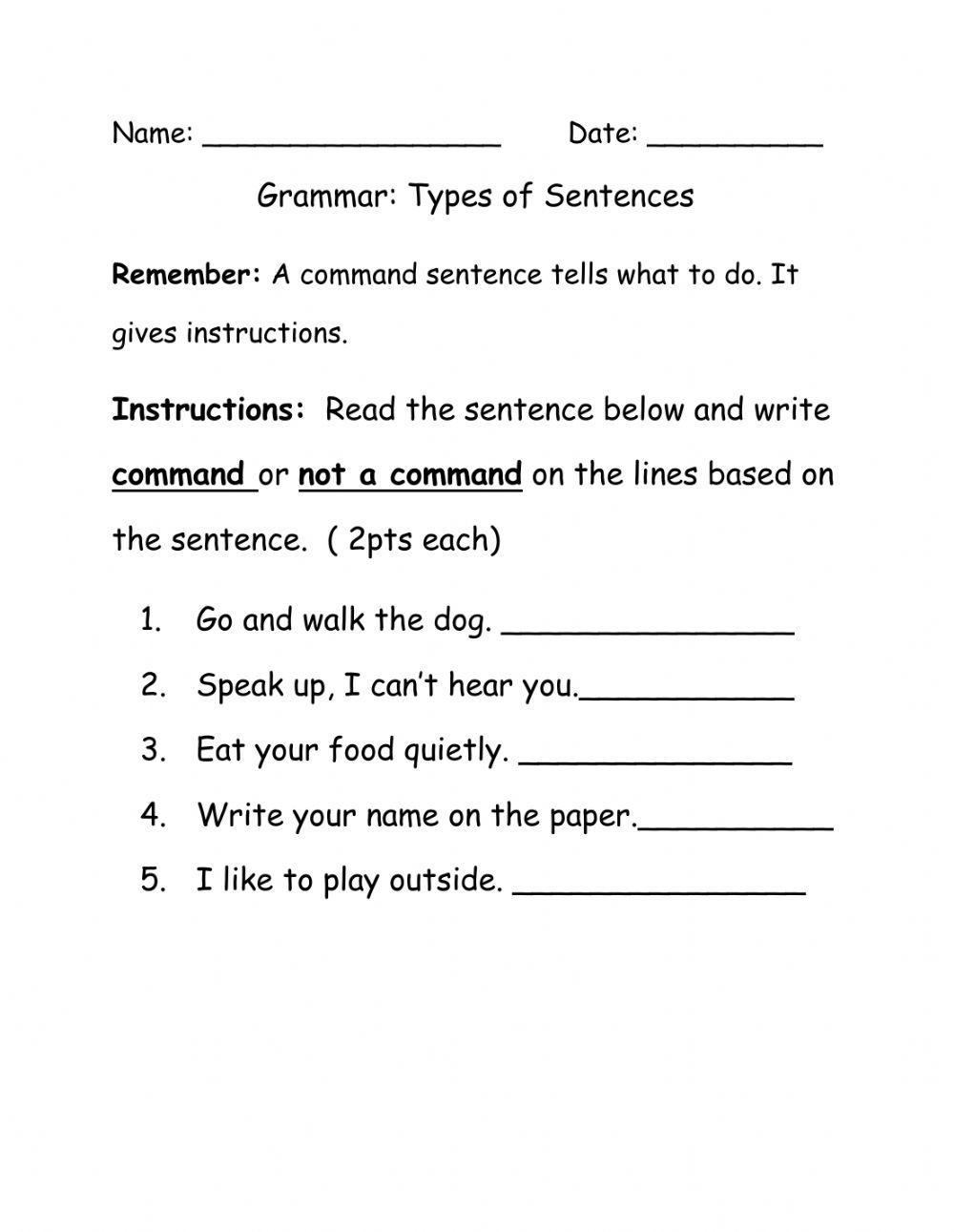 Command Sentence Free Interactive Worksheets 450305 Command Sentence Free Interactive Worksheets 450305