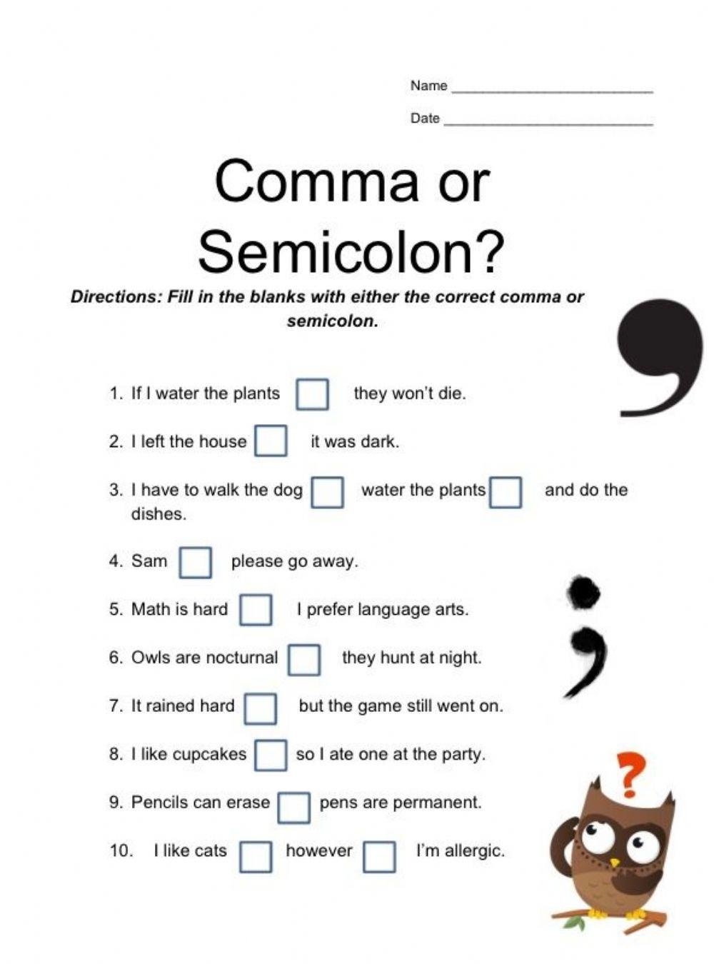 Commas And Semi Free Interactive Worksheets 4524376