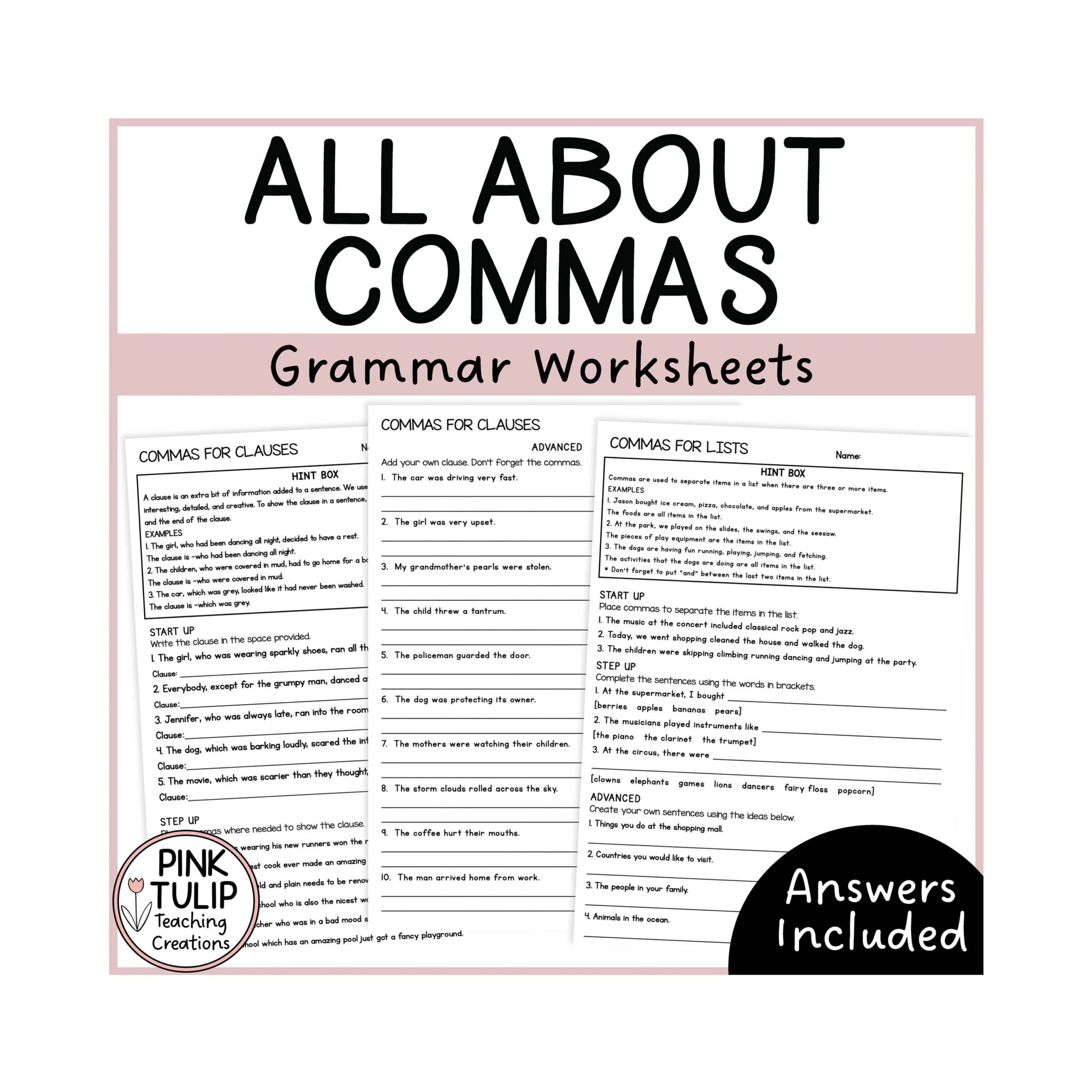 Commas For Clauses Commas For Lists Grammar Worksheets With Answers Etsy Commas For Clauses Commas For Lists Grammar Worksheets With Answers Etsy