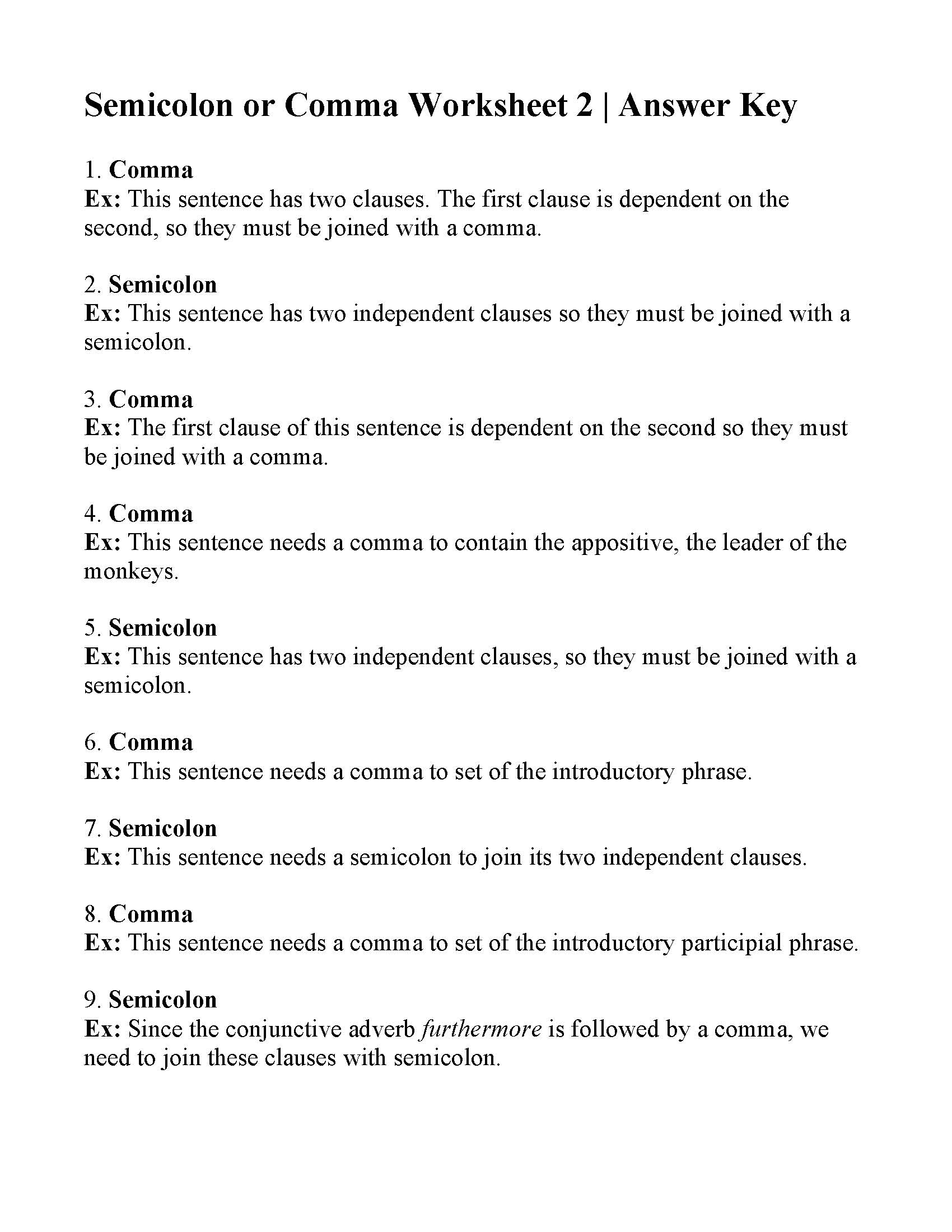 Commas Or Semicolons Worksheet 2 Answers