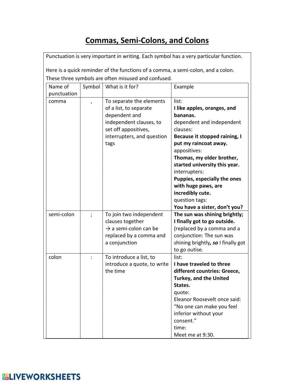 Commas Semi Co Free Interactive Worksheets 67783