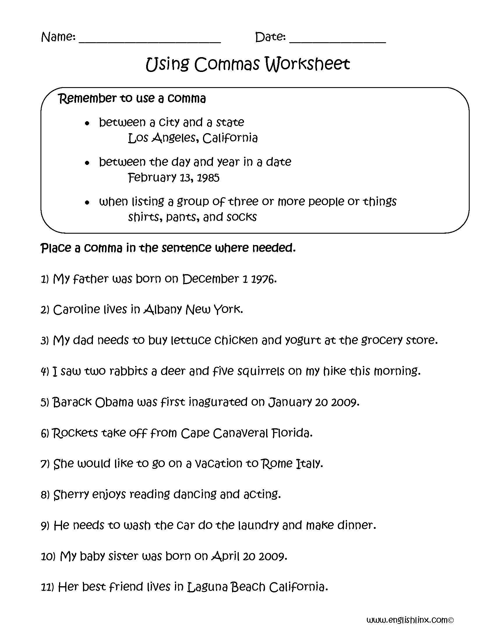 Comma Grammar Worksheets Comma Grammar Worksheets