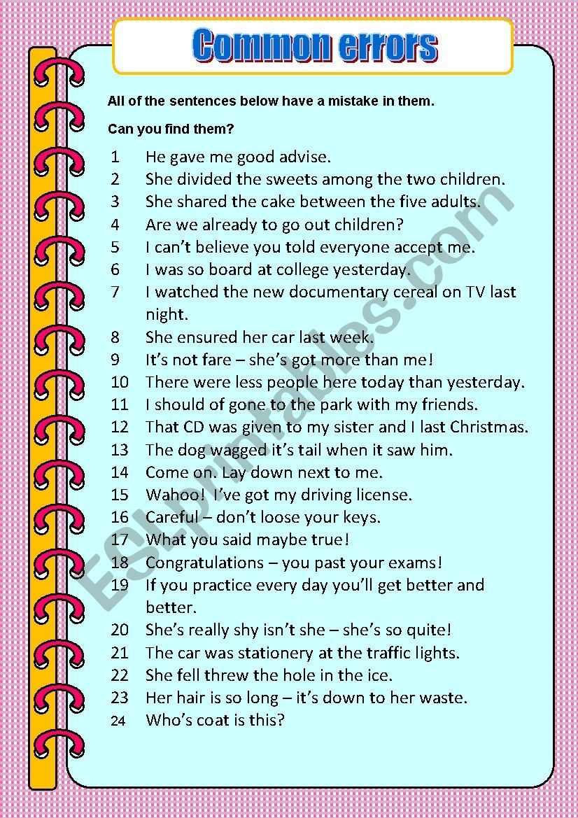 Common Errors ESL Worksheet By Nicola5052 Common Errors ESL Worksheet By Nicola5052