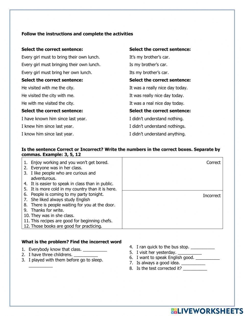 Common Errors In Grammar Worksheet